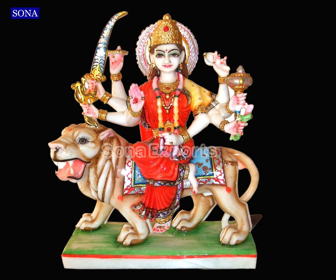 12 Inch White Marble Durga Statue, Marble Ambe Mata Statue, Marble Durga Idols, Sherowali Statue