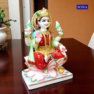 Buy Marble Lakshmi Statue – Handcrafted Makrana Marble Idols of Goddess Laxmi Murti for Home Pooja Room Temple | Lakshmi Figurine Sculpture image 3