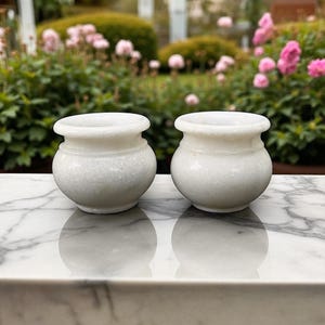 May include: Two small, white marble pots with a rounded body and a flared rim. The pots are sitting on a marble surface, with a blurred background of green foliage and pink flowers.