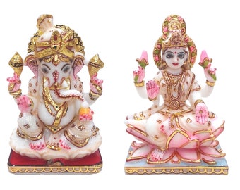 7 Inch Marble Laxmi Ganesh Statue, Marble Lakshmi Ganesh Statue, Marble Laxmi Ganesh Idols, Small Ganesh Ganpati Laxmi Idol for Home Temple
