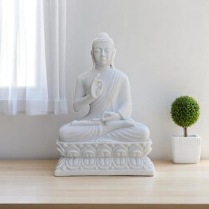 White Gotam Buddha Statue, Buddha Sitting Lotus, Indoor Outdoor Garden Buddha Statue, 18 inch Large Buddha Statue, Artificial Marble Buddha