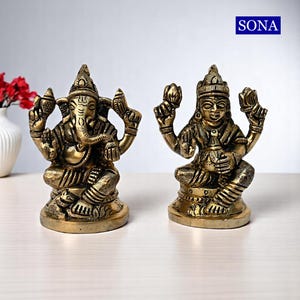 3 Inch Brass Lakshmi Ganesh Laxmi Ganesha Statue Idol Devotional Religious Spiritual Anniversary birthday Housewarming Gift Home Decorative
