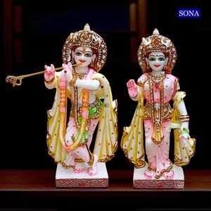 Handmade White Marble Radha Krishna Statue - Hindu Home Temple Decor