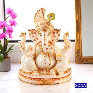 Statua di Ganesha, Statua di Ganesha, Idolo di Ganesha in marmo coltivato da 14 pollici, Vinayak, Ganapati, dio indù della buona fortuna, statua del dio elefante indiano