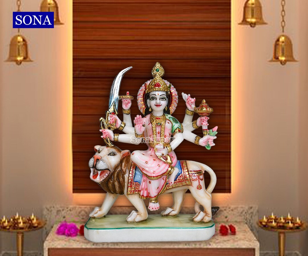 White Marble Durga Statue Idol Statue Moorti Sculpture, 9 Inch Marble