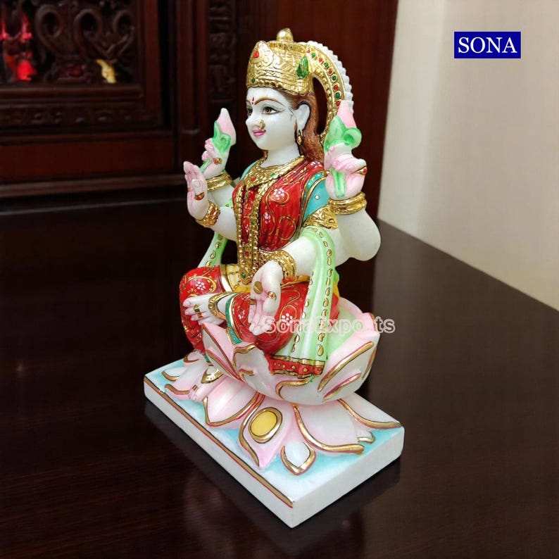 Buy Marble Lakshmi Statue – Handcrafted Makrana Marble Idols of Goddess Laxmi Murti for Home Pooja Room Temple | Lakshmi Figurine Sculpture image 4