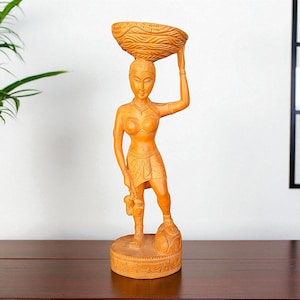 Handmade Vintage Wooden Art sculpture Traditional Fisher Woman Statue Original Carving on Natural Wood Craft Figurine Home Decor Accent