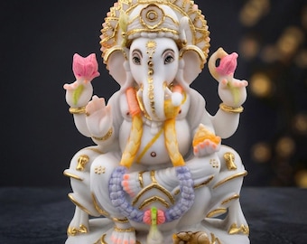 Ganesha Statue 9 Inch - Cultured marble Ganesh Idol, Lord Vinayaka Murti, Ganpati Moorti Home Temple, Religious Home Decor Art Gift