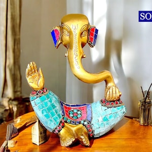 Brass Ganesha Statue Large with Mosaic Stonework, 20 cm Big Large Size Brass Ganesh Sculpture, House warming gift, Hindu wedding gift