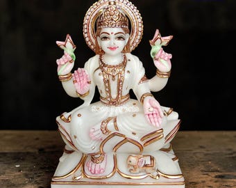 Marble Lakshmi Statue : Hindu goddess Laxmi Idol Murti for Home Temple Handmade Sculpture
