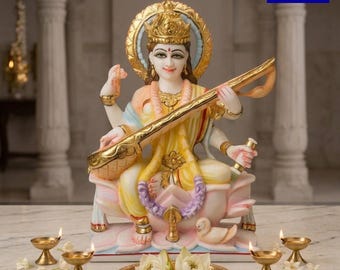 Estatua de la diosa Saraswati de 23 cm, de mármol cultivado, ideal como regalo religioso o como decoración para el hogar o el templo.