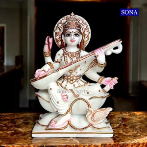 White Marble  Saraswati Statue Idols Sculpture Moorti, Goddess Saraswati Idol Statue, Marble Sarasvati Statue Idol, Marble God Statue