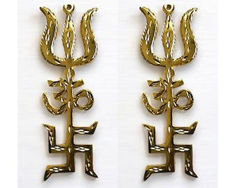 6” Brass Shiva Trident Trishakti Yantra Swastik Om Trishul Wall Hanging for Home/Office Negative Energy Protector Vastu Sprieutal gift 2 pcs