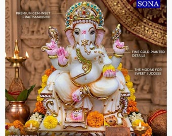 Weiße Marmor Ganesha Statue - Ganesh Skulptur Moorti Hindu Gott Idol Ganpati Murti Home Tempel