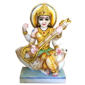 9 Inch Marble Saraswati Statue Idols Murti Goddess Sarasvati Murti Hindu God Deity Religious Idols  Small Saraswati Murti for Home