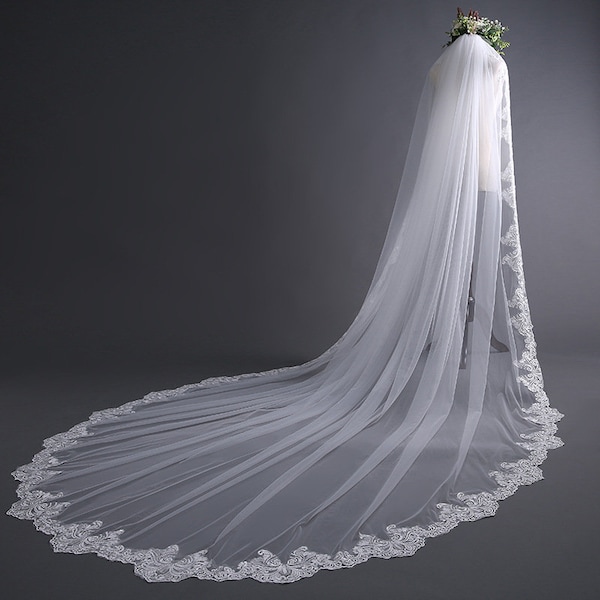 3 mètres Ivoire/Blanc Élégant Cathédrale Voile De Mariage De Mariée, Long Voile De Dentelle Avec Peigne, Avec Bord En Dentelle Autour