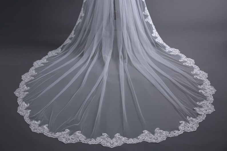 3 Meters Ivory/White Elegant Cathedral Bridal Wedding Veil,Long Lace Veil With Comb,With Lace Edge Around image 5