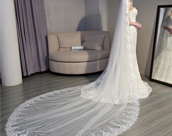 3.5 Meters Ivory Elegant Cathedral Bridal Wedding Veil,Long Lace Veil With Comb,With Lace Edge Around