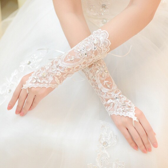 Brauthandschuhe Fingerlos Spitze Strass Blumen Hochzeit Braut Handschuhe 