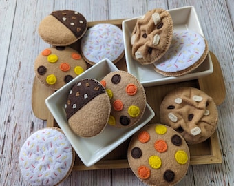 Handmade felt pretend play felt food cookies | Kids tea party oatmeal raisin, sugar cookies, Chocolate dipped cookies, peanut butter cookies