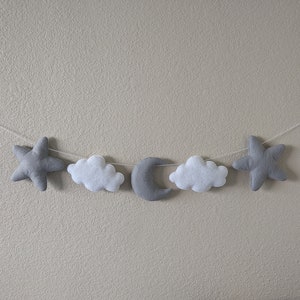 Handmade felt moon stars cloud garland | Whimsical nursery and kids room decor