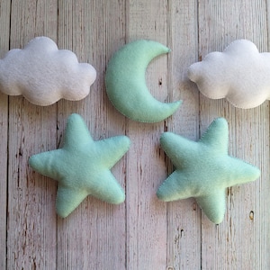 Handmade felt moon stars cloud garland | Baby nursery and kids room decor | Mint and white decorations | Love you to the moon and back