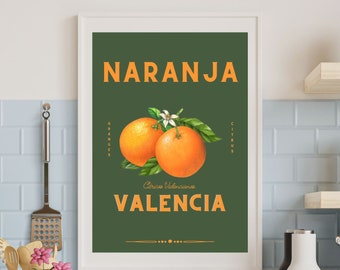 Impression d’art orange espagnole | Zumo de Naranja piquant | Valence | Affiche de cuisine | Décoration murale | Cadeau de pendaison de crémaillère original