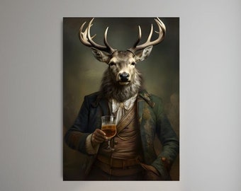 Vintage Stag Print Gentleman with Whiskey - Distinguished Deer in Smart Jacket - Rustic Art Print, Classic Wildlife Art, Home Decor Gift