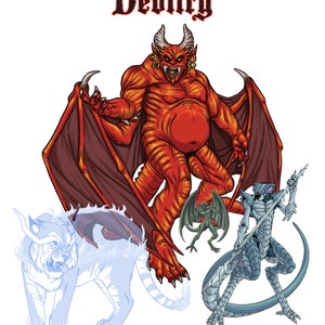May include: A red devil with wings, horns, and a large belly stands in the centre of the image.  A blue and grey dragon with wings and a spear stands on the right.  A white tiger with horns and a blue glow stands on the left.  A small grey gargoyle stands in the centre of the image.  The text "GATEWAY TO ADVENTURE" is at the top of the image.  The text "Devilry" is below the text "GATEWAY TO ADVENTURE".  The text "DESIGNED FOR USE WITH OLD-SCHOOL ESSENTIALS" is at the bottom of the image.