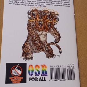 May include: A book cover with a colorful illustration of a multi-headed beast with glowing halos. The book title is "OSR For All" and the text "Support Human Artists and Writers" is in a red circle with a diagonal line through it. The book cover also includes the ISBN number and barcode.