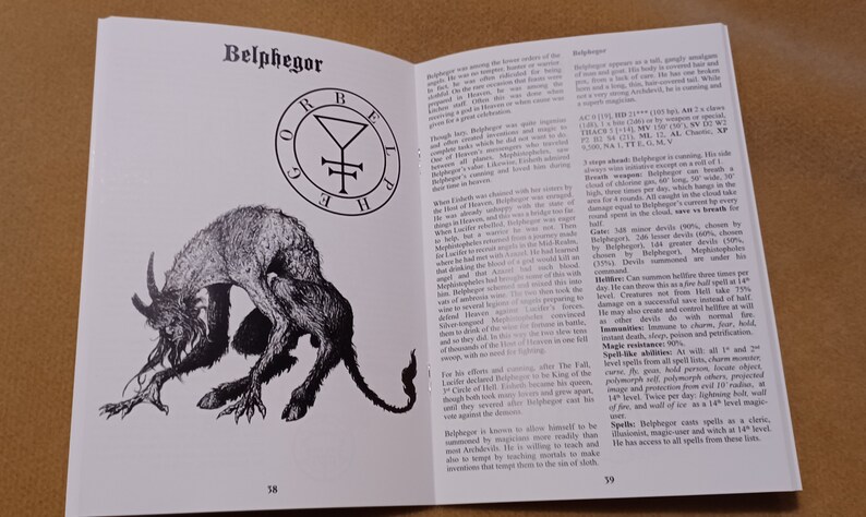 May include: A black and white illustration of a demon with horns and claws. The demon is crouched and has a menacing expression. The text "Belphegor" is at the top of the page. The text "38" is at the bottom of the page.