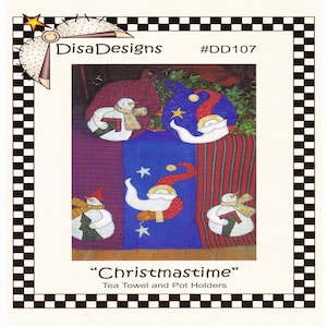 May include: A Christmas-themed tea towel and pot holder set. The design features snowmen and Santa Claus figures on a colorful background of red, blue, and purple. The text "Christmastime" is displayed at the bottom.