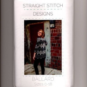 May include: A woman wearing a black and white patterned top and black pants. The image is framed by a white border and includes the text "STRAIGHT STITCH DESIGNS" and "BALLARD SIZES 0-18". The background features a red brick wall and a wooden door.