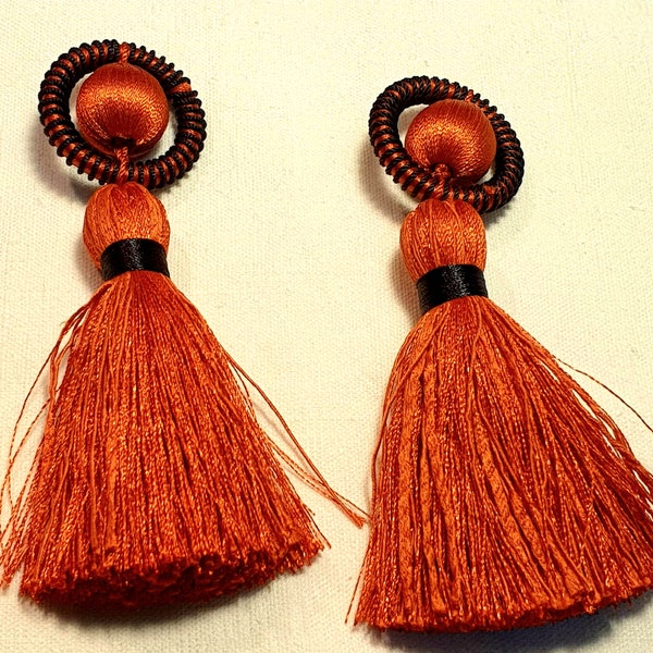 POMPONS frange et boule (la paire) PASSEMENTERIE HOULES orange et noir 9 cm / 3.54 inch