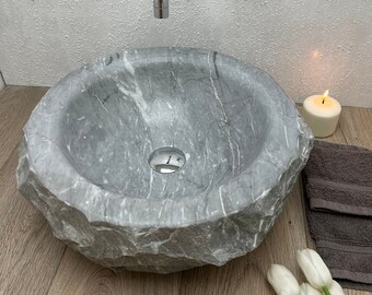 Pearl Gray Marble Rock Sink, 100% made in Italy