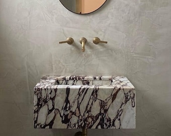 Calacatta Viola Fully Integrated wall mounted sink in Italian marble. Customizable on your bath dimensions.