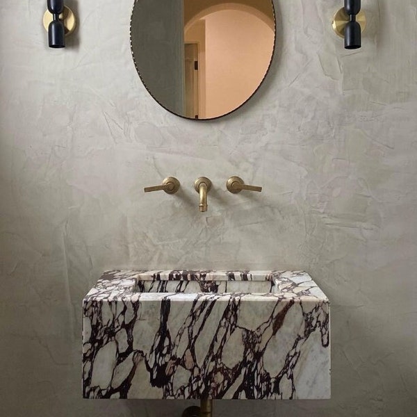 Calacatta Viola Fully Integrated wall mounted sink in italian marble. Customizable on your  bath dimensions.