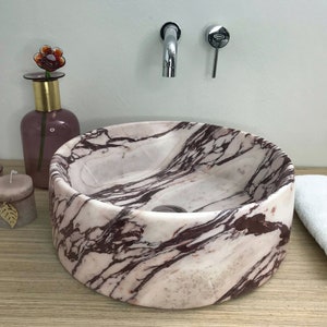 Calacatta Viola Round Marble vessel sink washbasin, italian marble, dark purple 100% made in Italy
