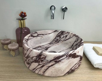 Calacatta Viola Round Marble vessel sink washbasin, italian marble, dark purple 100% made in Italy