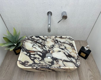 Calacatta Viola Marble Rectangular vessel sink, 100% made in Italy