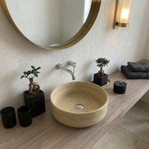Travertine Marble Round vessel sink, 100% made in Italy