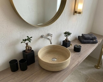 Travertine Marble Round vessel sink, 100% made in Italy