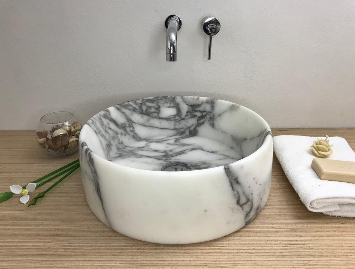 Round Marble Sink Washbasin Italian Arabescato 100 Made in Etsy