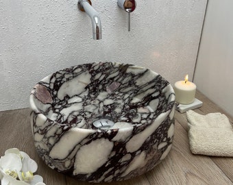 Calacatta Viola Round Marble vessel sink washbasin, italian marble, dark purple 100% made in Italy