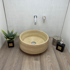 Travertine Marble Round vessel sink, 100% made in Italy