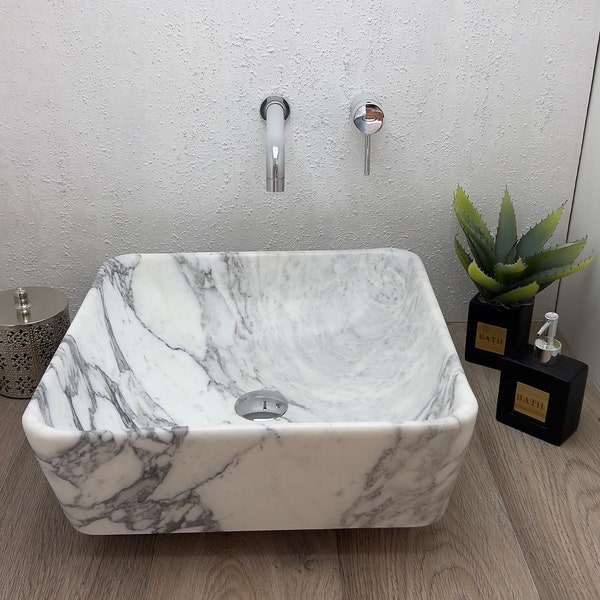 Arabescato Marble Square vessel sink, 100% made in Italy