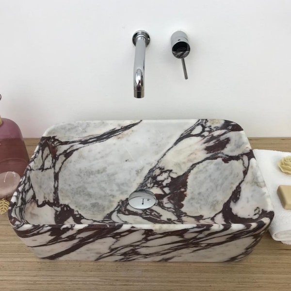 Calacatta Viola Marble Rectangular vessel sink, 100% made in Italy