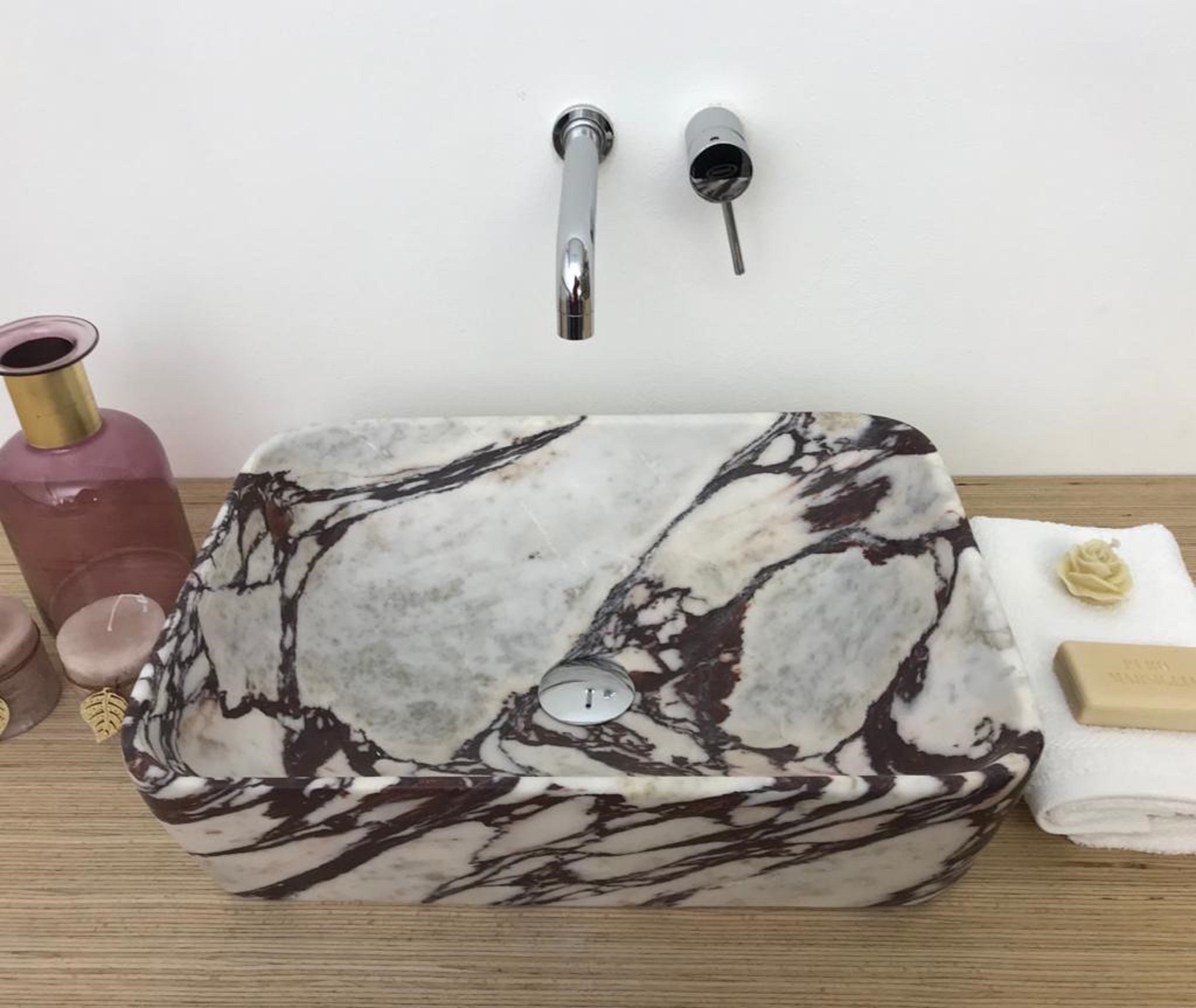 Lavabo Rectangulaire en Marbre Italien Calacatta Viola 100% Fabriqué Italie