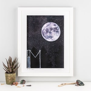 Geïllustreerd alfabet - M is voor maan. Fijne kunstgicléeprint
