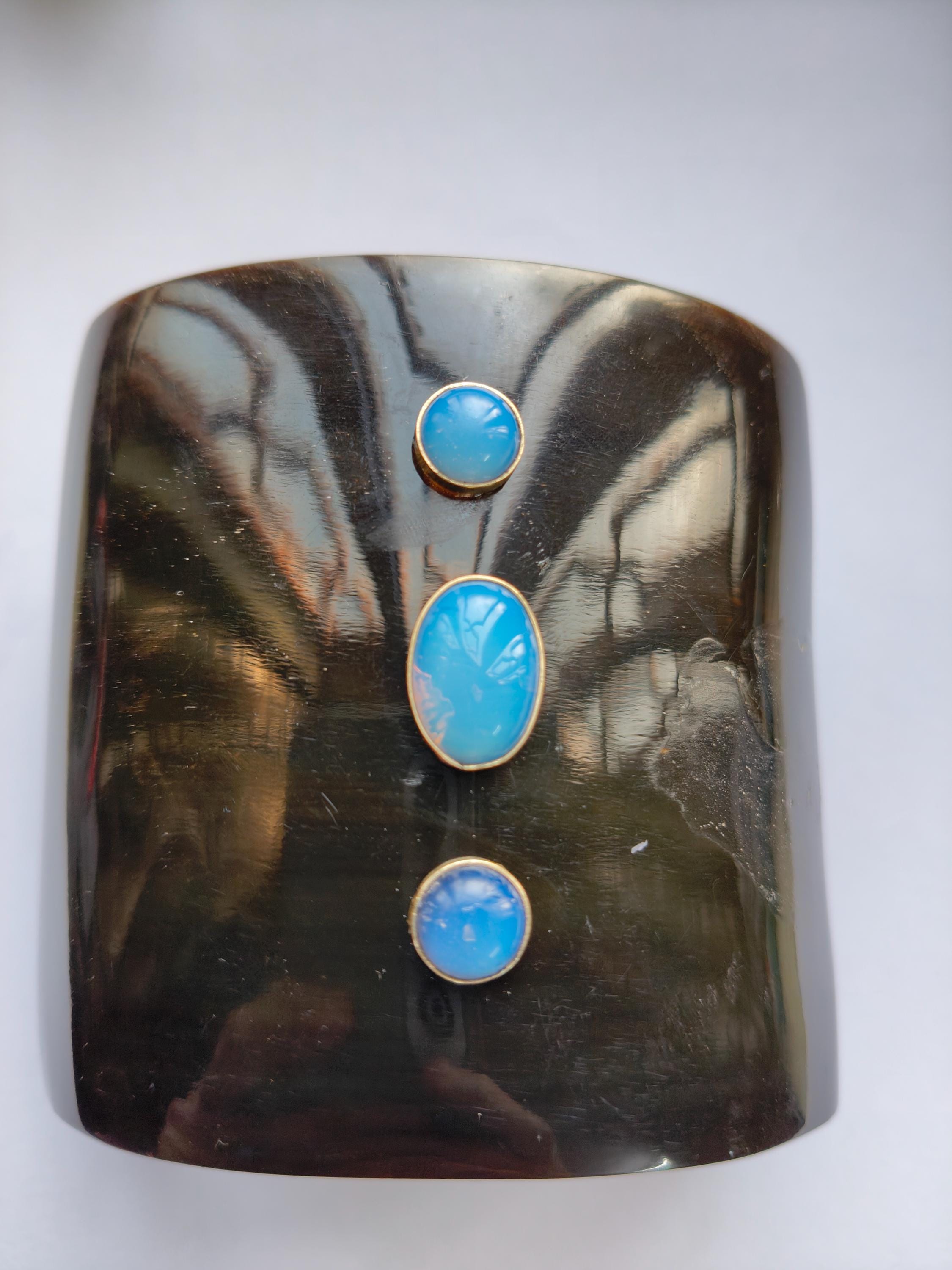 Buffalo Horn Cuff Bracelet: Black Bangle with Opalite Gemstone